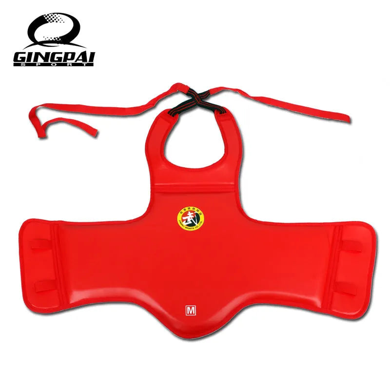 Red adult boxing helmet and one-piece chest protector set for martial arts training
