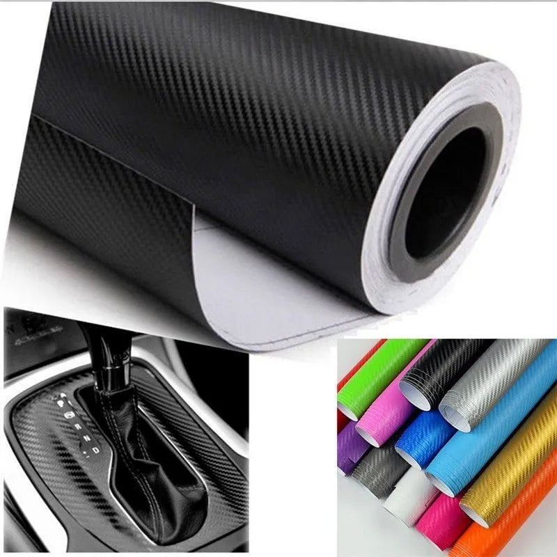 3D carbon fibre sticker roll for car decoration in eight colour options showing textured material