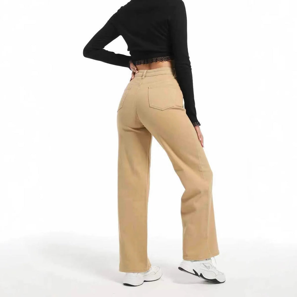 Women's high waist wide leg autumn jeans in apricot and khaki cotton