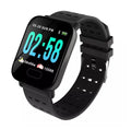 A6 smart bracelet with colour screen and silicone strap in black, blue, or orange.
