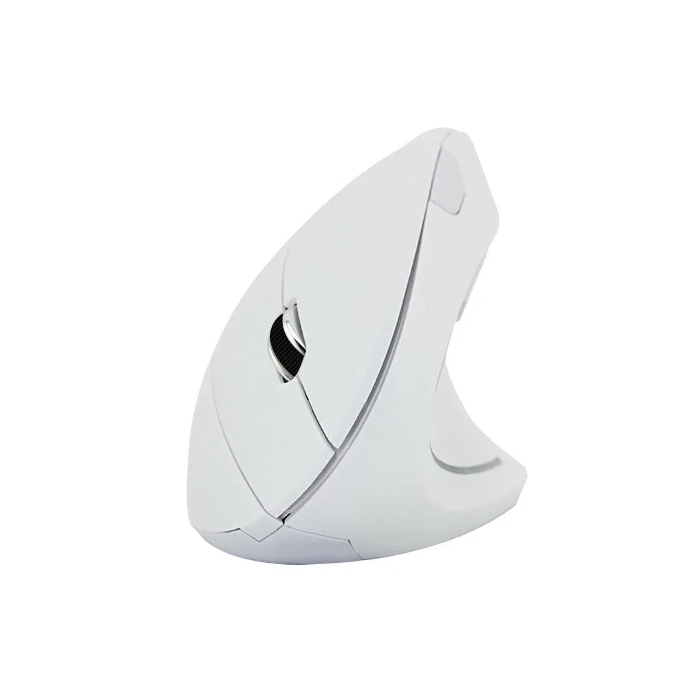 Vertical Vertical wired optical mouse in black with USB cable, six buttons, and four-way wheel on a laptop desk