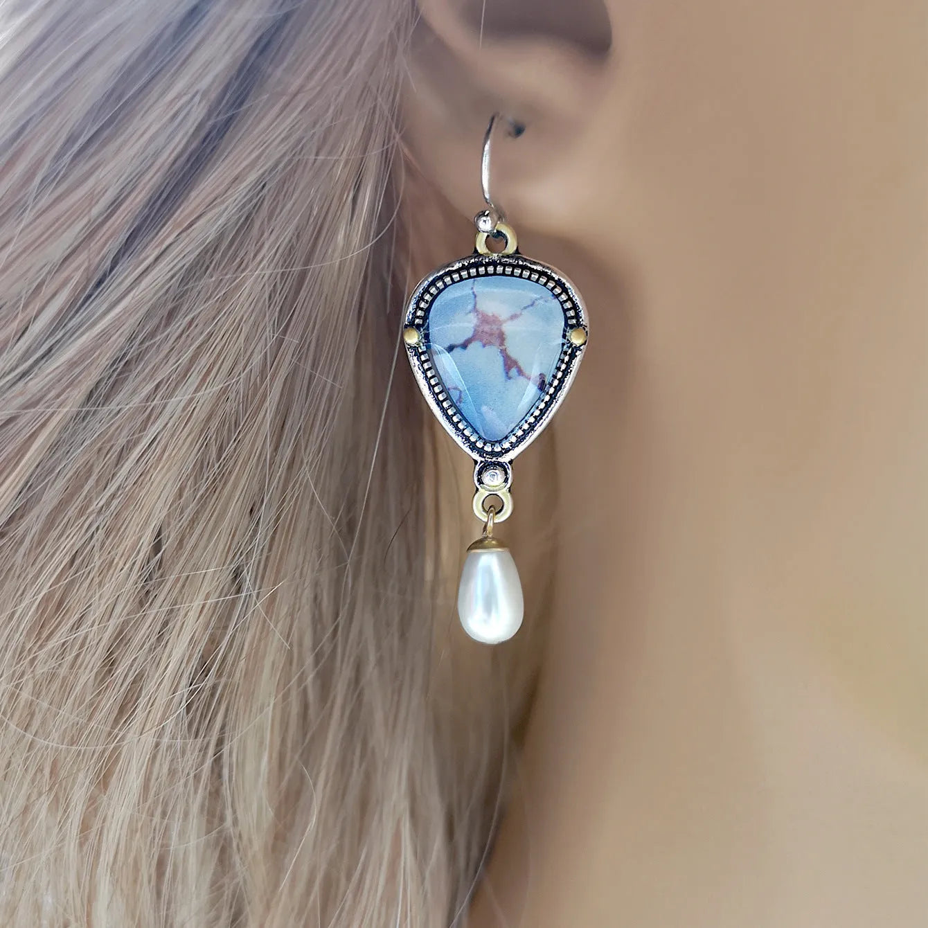 Retro blue drop earrings with synthetic opal, white pearls, and geometric bohemian design