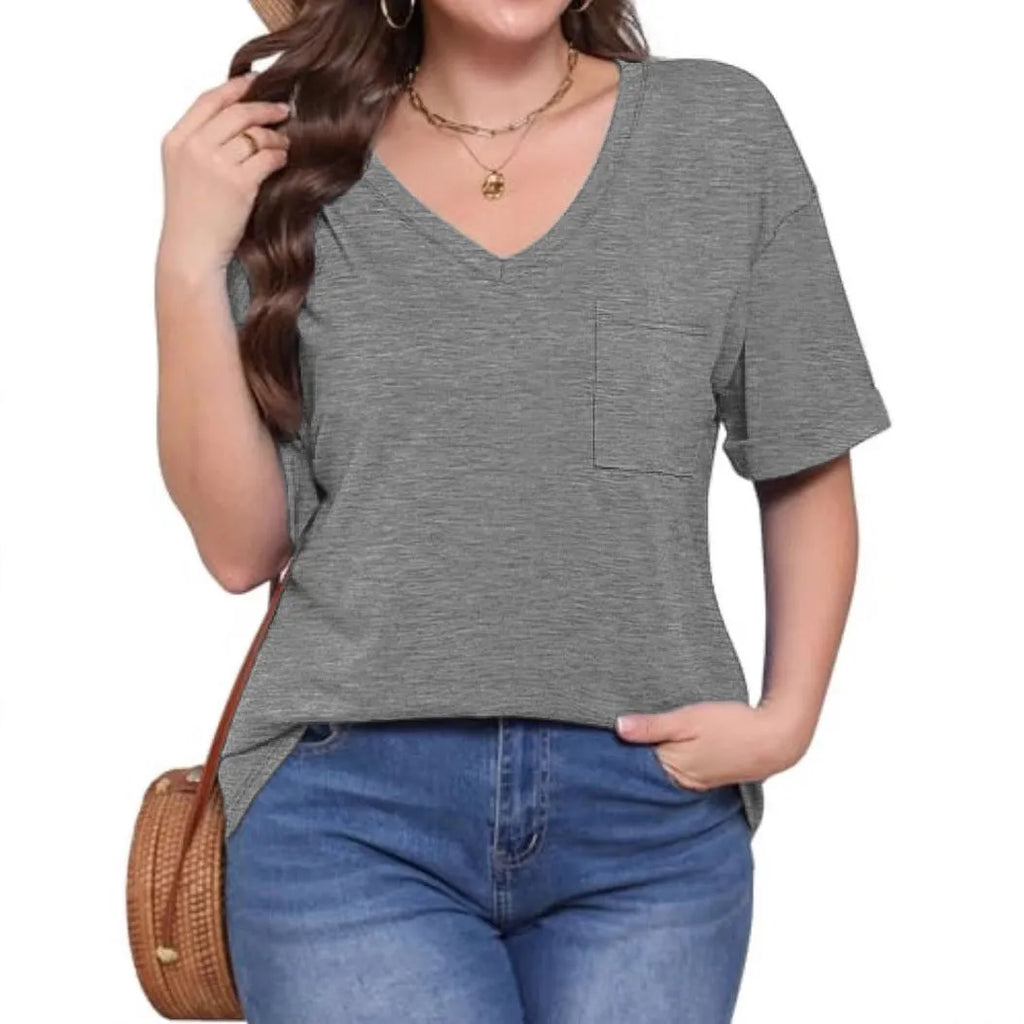Grey loose fit V-neck t-shirt with chest pocket in casual polyester fabric