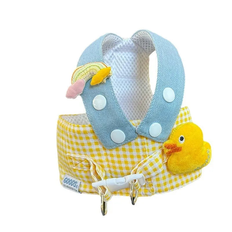 Pet harness and leash set with wire rope pulling toy, cute hat, and cat clothes on a dog and cat.