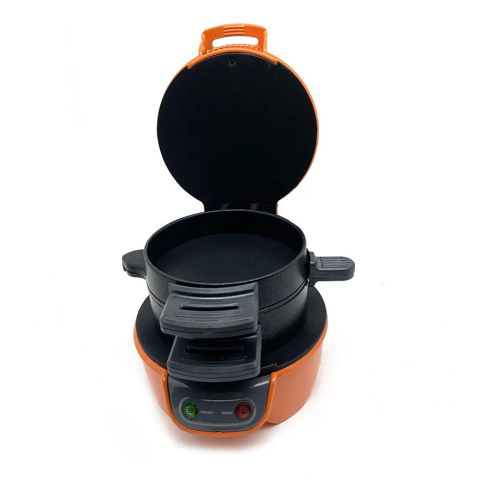 Bright red household breakfast sandwich maker with egg cooker ring and mechanical controls