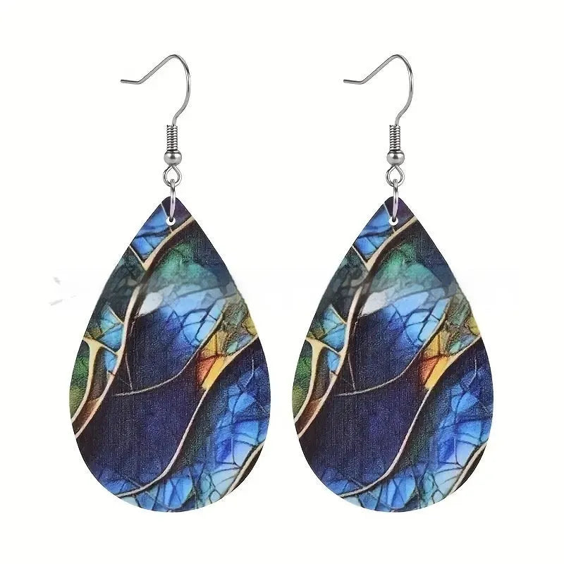 Acrylic flat branch knot earrings with printed detailing in drop shape, style 1 and 2 variants