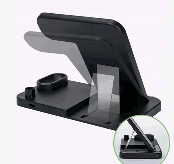 4-in-1 wireless charging station with adjustable stand charging iPhone, Apple Watch, and AirPods