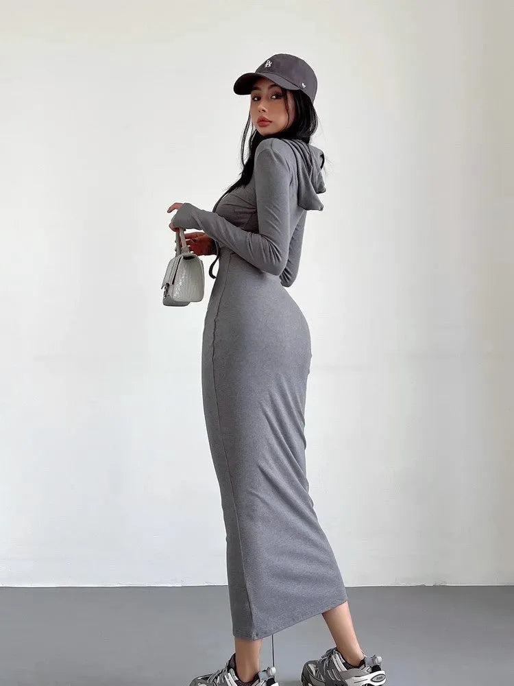 Women's grey hooded long sleeve sheath dress with high waist and knee-length cut