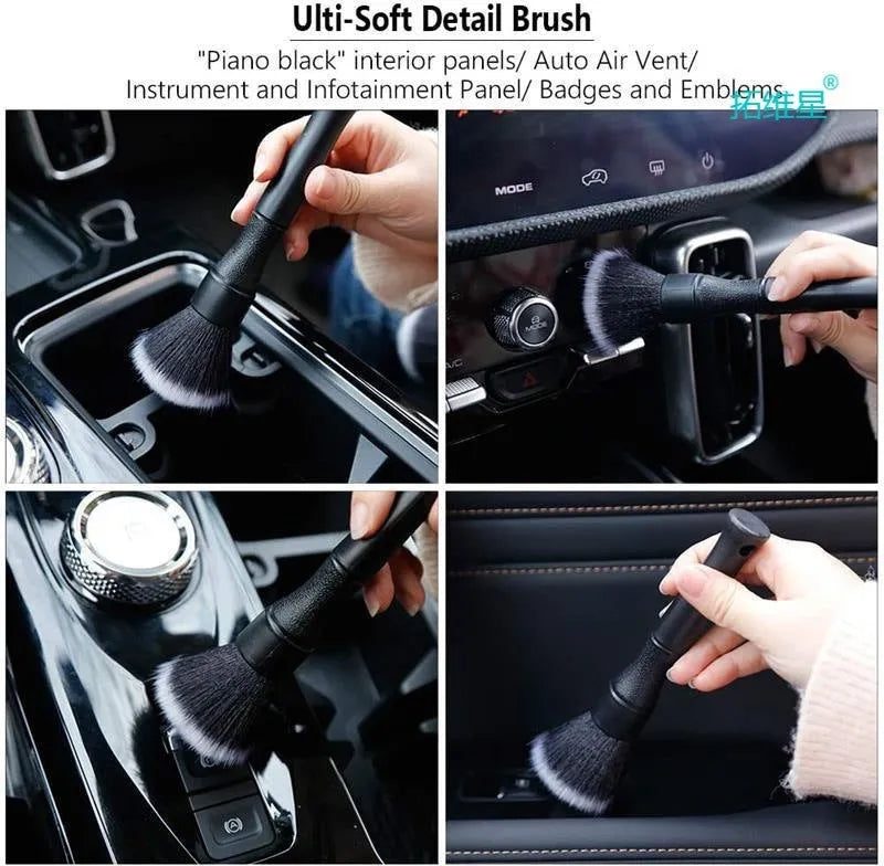 Black car detailing brush with super soft pig hair bristles for automotive interior cleaning