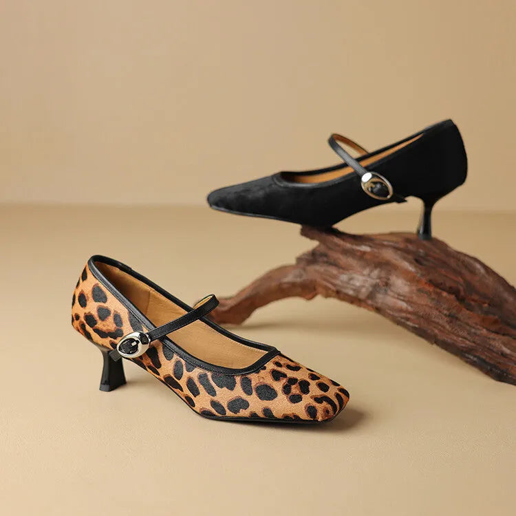 Women's black square toe stiletto ankle-strap shoes with horse hair upper and buckle fastening