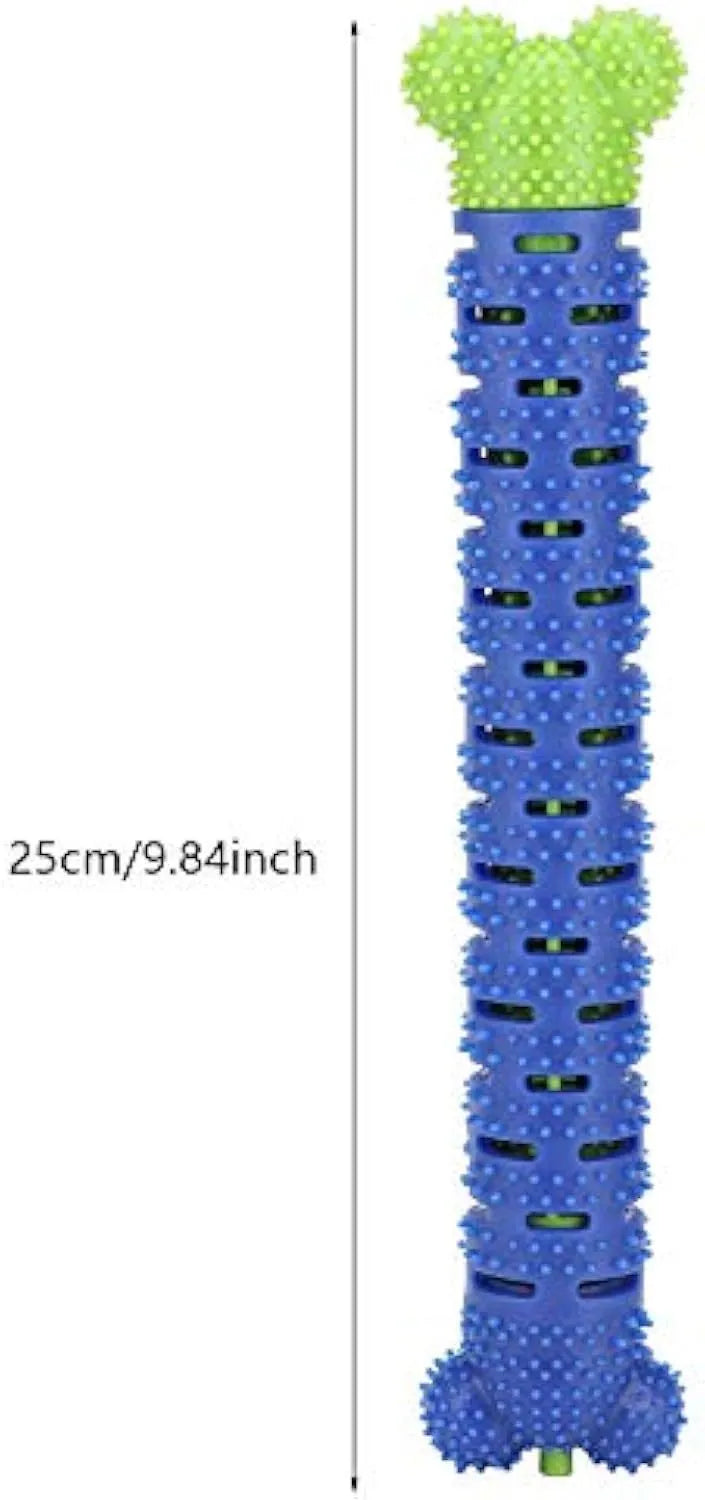 Blue silicone dog teeth cleaning stick with serrated brush head and gum massage nodules