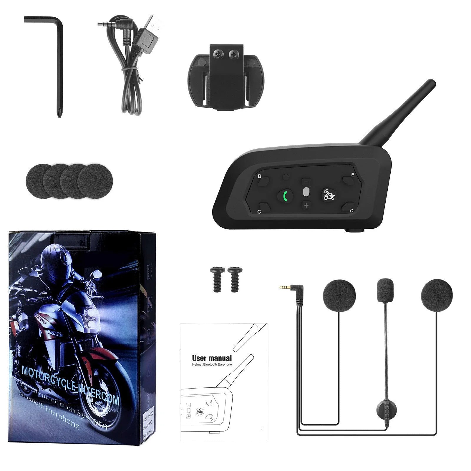 V6pro motorcycle helmet Bluetooth intercom unit with mounting hardware and headphones