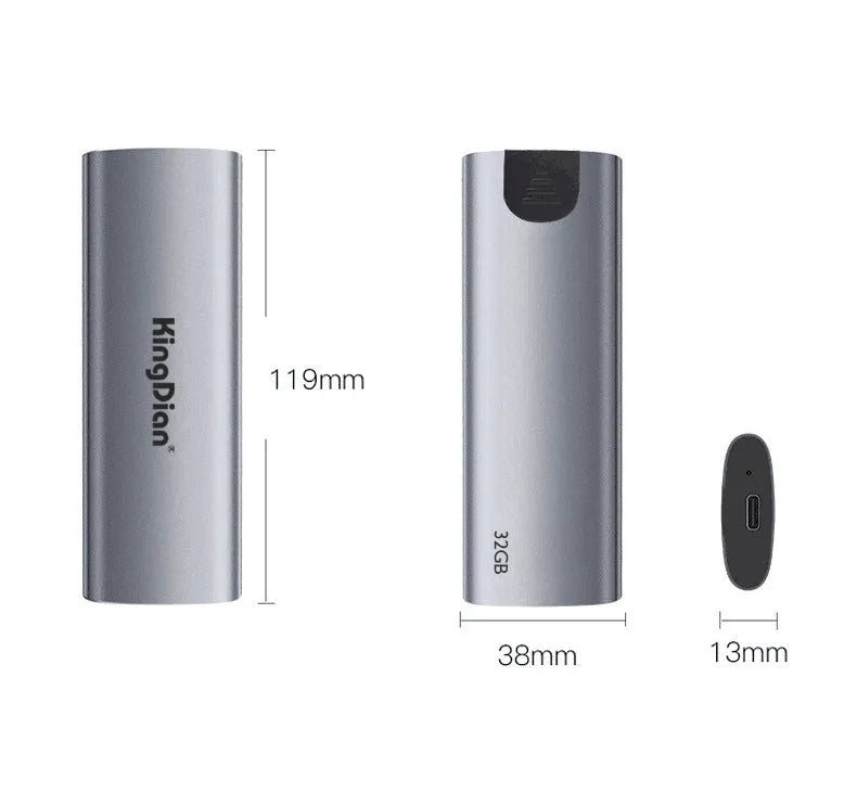 Grey aluminium mobile SSD with USB 3.0 interface showing capacity options from 120GB to 1TB
