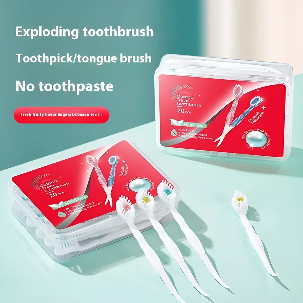 Box of disposable bead toothbrushes showing mint, peach, and plum green tea flavour options for travel.