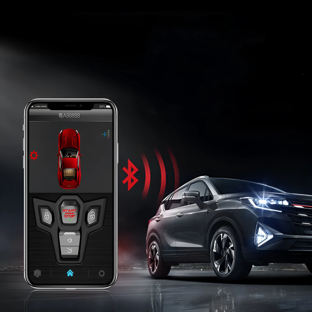 Red and frosted black one-way remote control car alarm system with two remotes for 3000m range and GPS tracking.