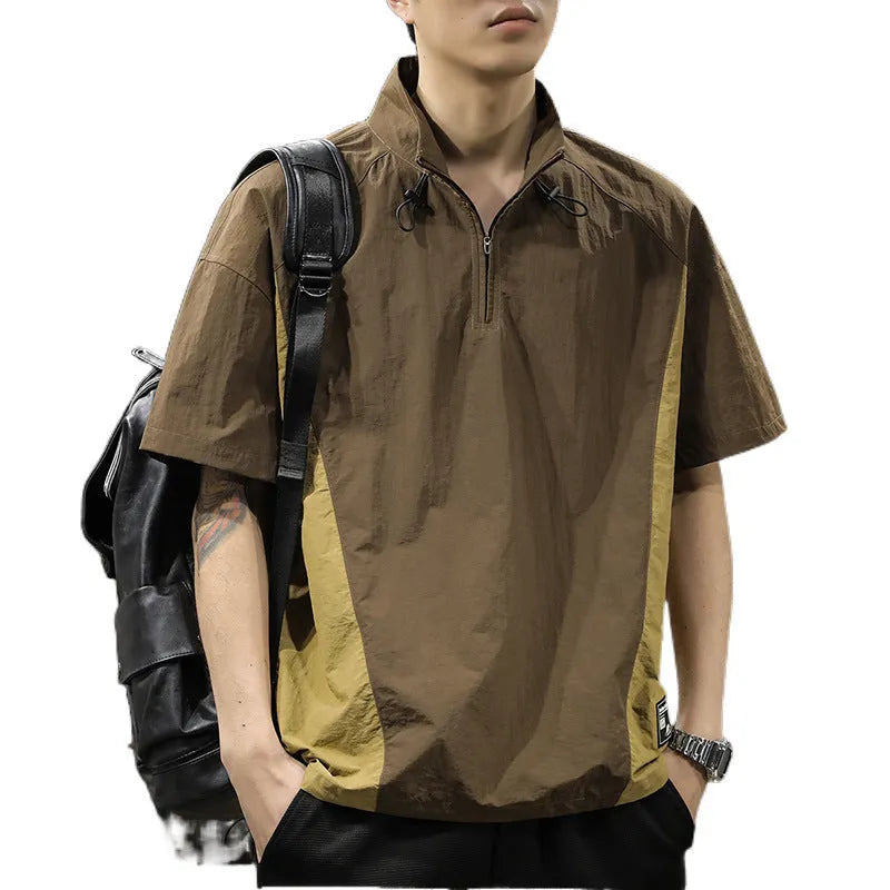 Men's brown ice silk half-zip business casual shirt with stand collar and short sleeves