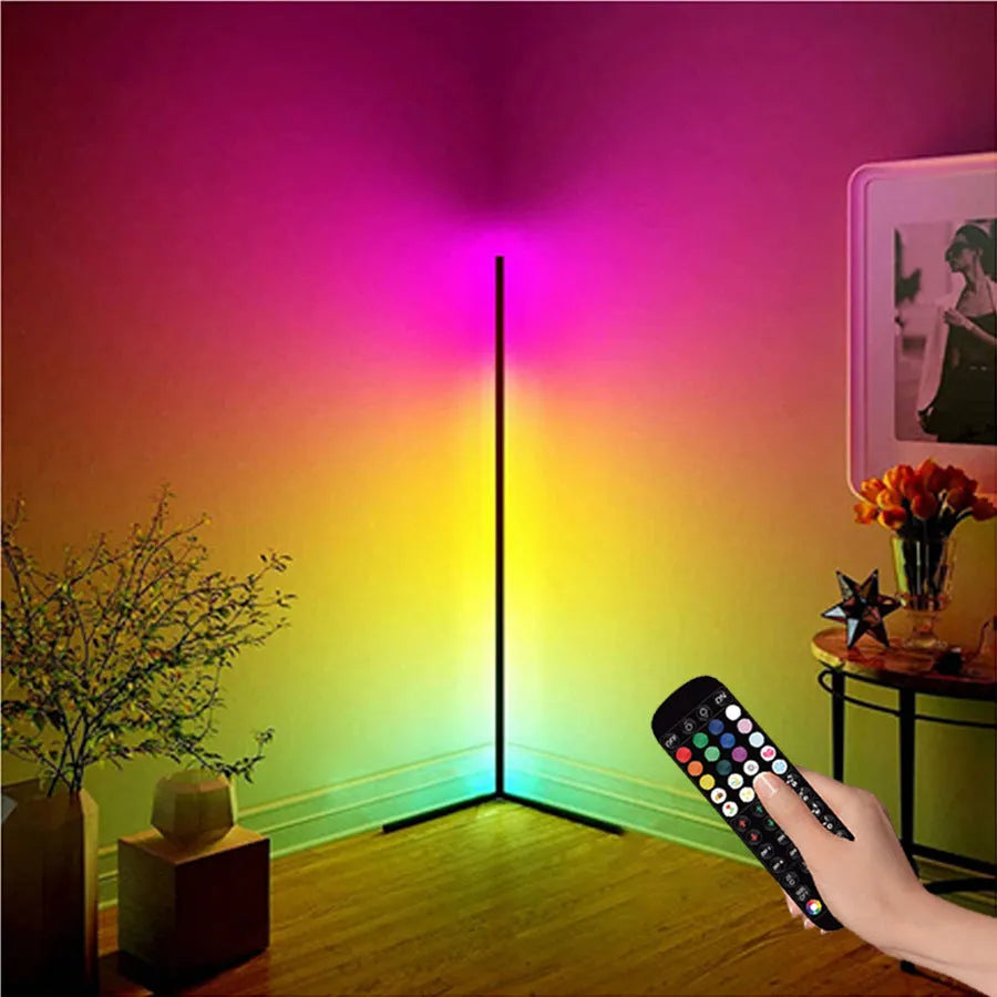 Black smart RGB floor lamp with silicone shade and remote control for music sync lighting