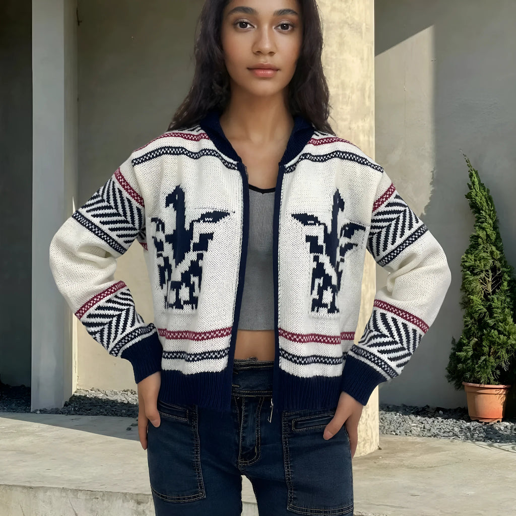 White women's short zip cardigan with lapel collar and contrast jacquard stripe pattern.