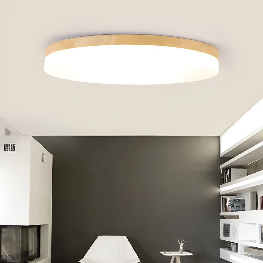Japanese minimalist wood and acrylic LED ceiling lamp with a round acrylic shade on a wood body.