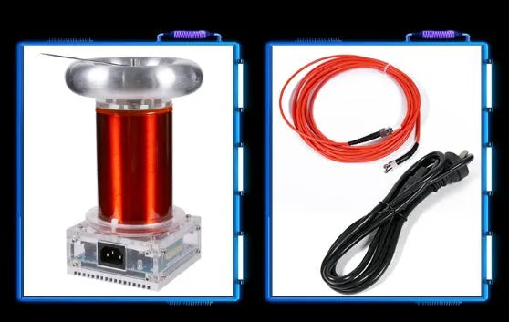 Music Tesla Coil Driver Board with controller, cables, and metal thimble for 20m arc generation.
