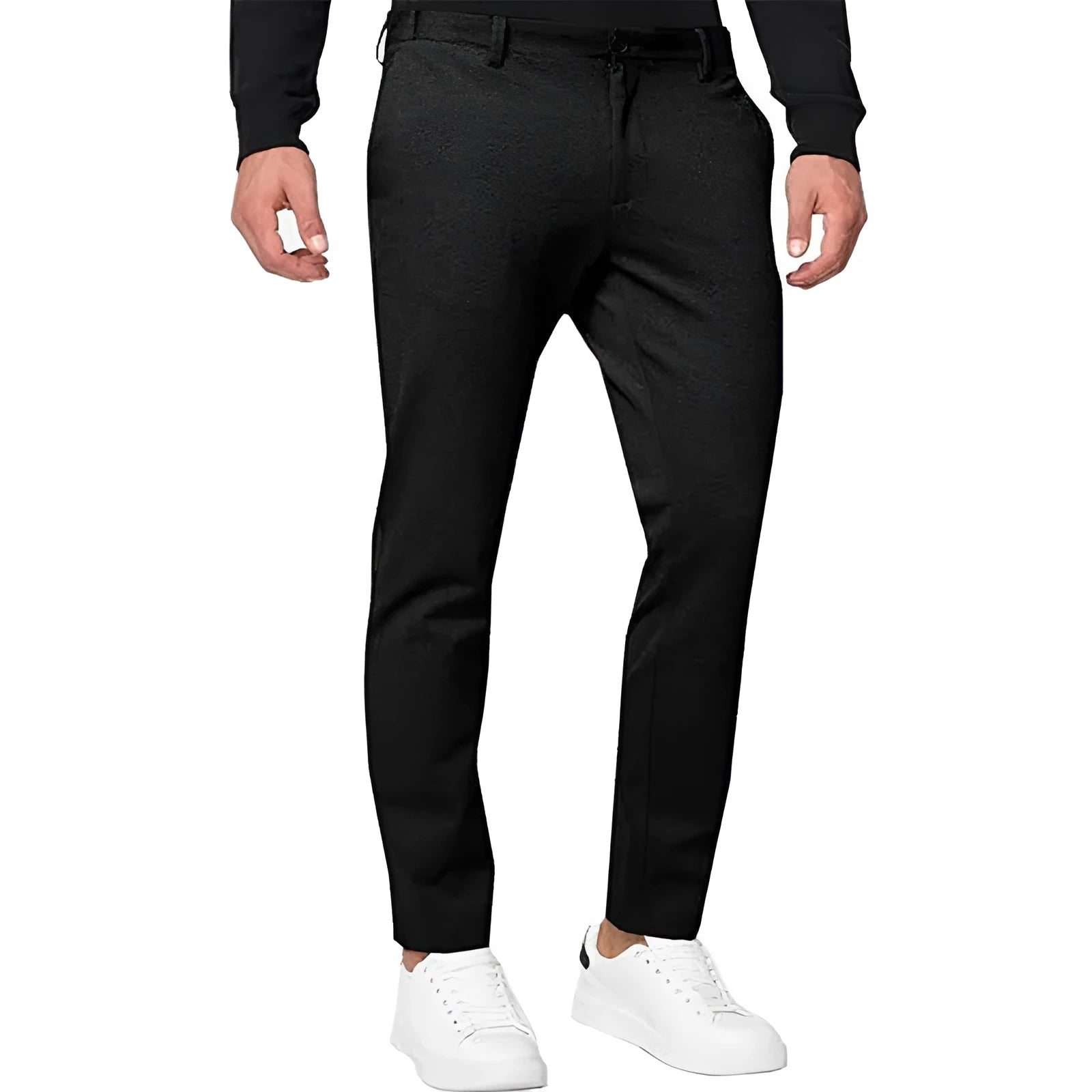 Men's slim-fit tapered chino trousers in a cotton blend fabric, shown in solid colour options.