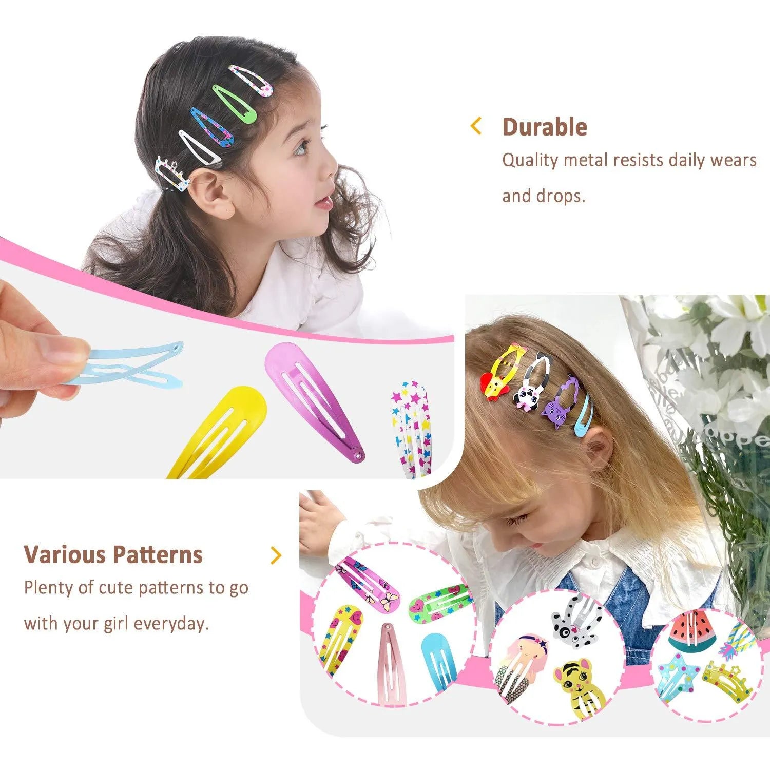 100-piece metal snap hair clips set showing assorted candy colours and cartoon designs including animals, fruits, crowns, and stars