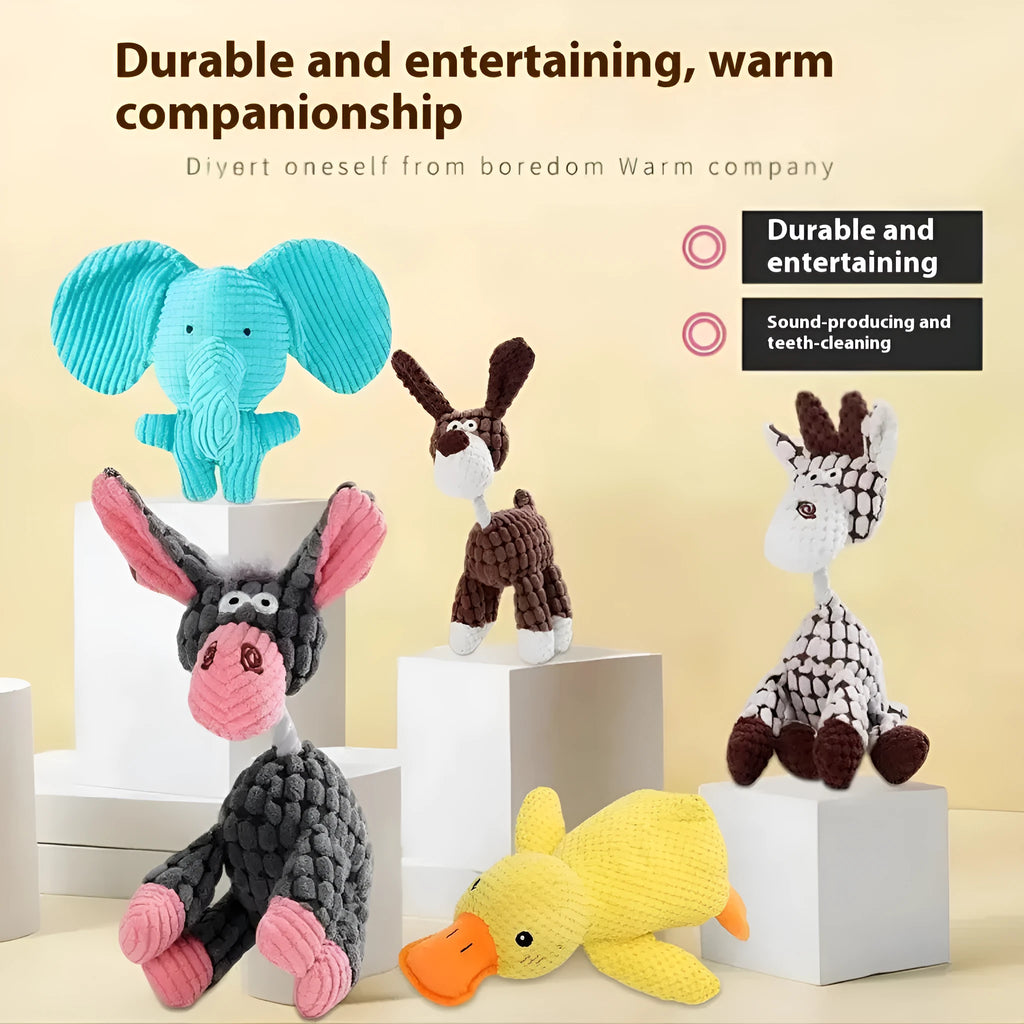 Plush pet chew toy in donkey, duck or elephant style for puppy teething relief