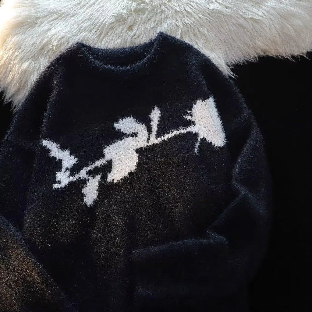American dark rose flocking horse sweater for men, cotton blend pullover, black colour, front view