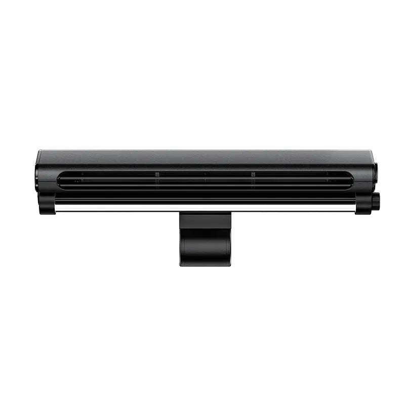 Black USB bladeless fan with clip-on laptop mount and integrated LED lighting