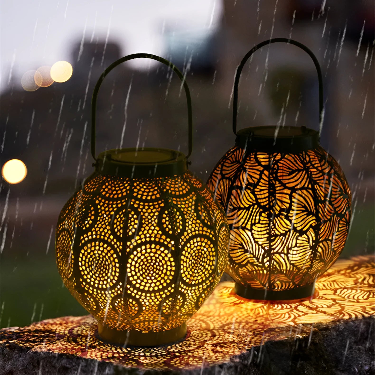 Solar courtyard lamp with decorative iron hollow design and integrated solar panel