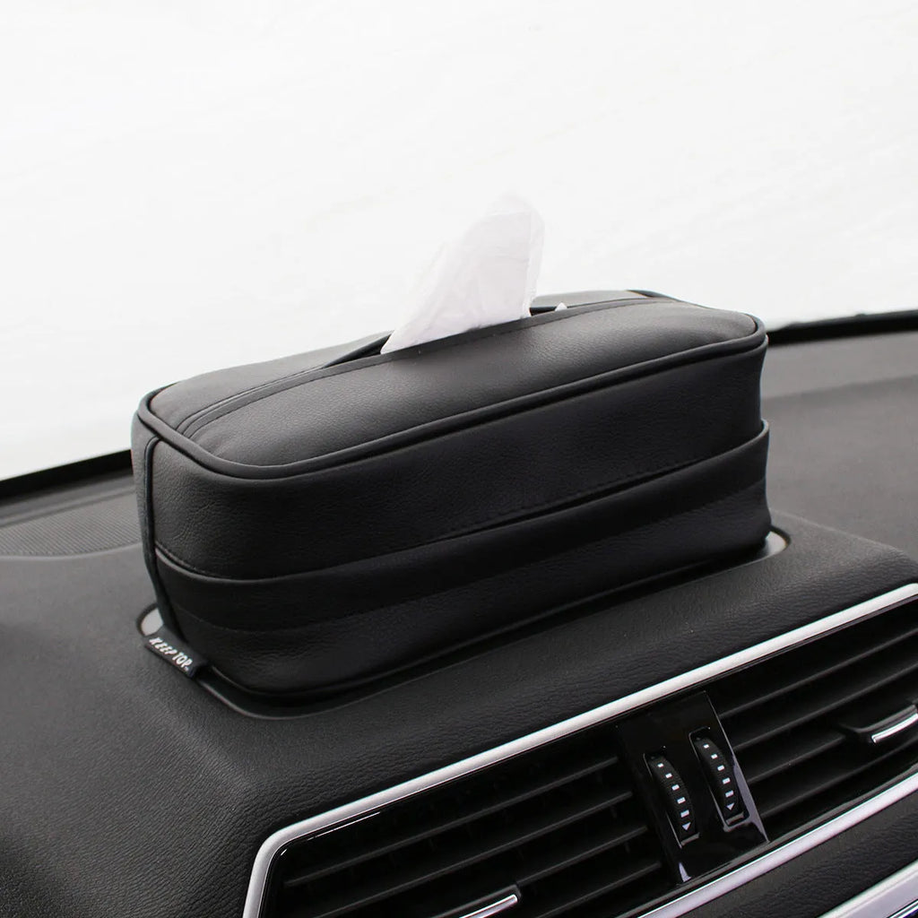 Black PU leather hanging storage box for car documents with dimensions 23cm by 13cm.