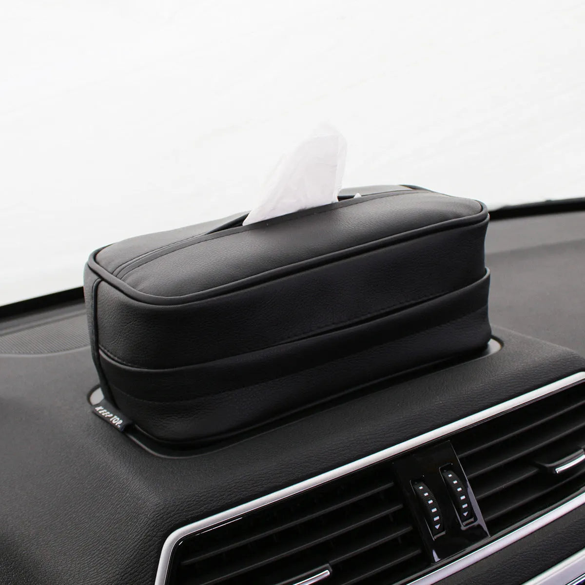 Black PU leather hanging storage box for car documents with dimensions 23cm by 13cm.