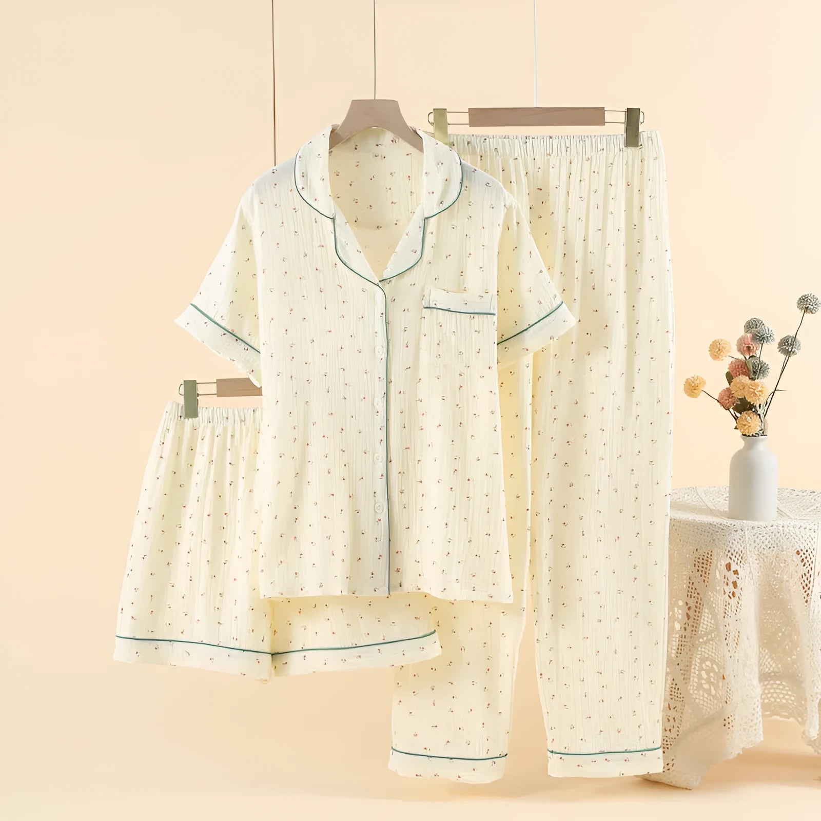 Women's cotton three-piece pajama set in pastoral gold with V-neck lapel top and three-quarter sleeves