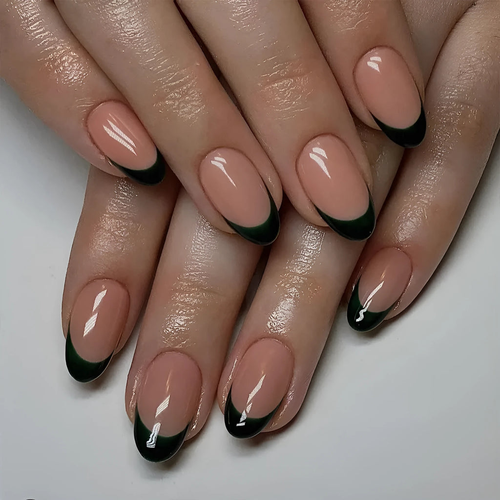 Black French style false nails set with 24 almond-shaped pieces in J049 colour classification