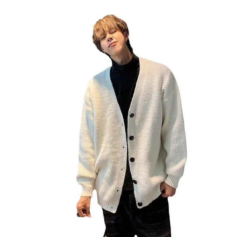 Men's loose fit V-neck cotton blend cardigan in Army Green, shown on a model.