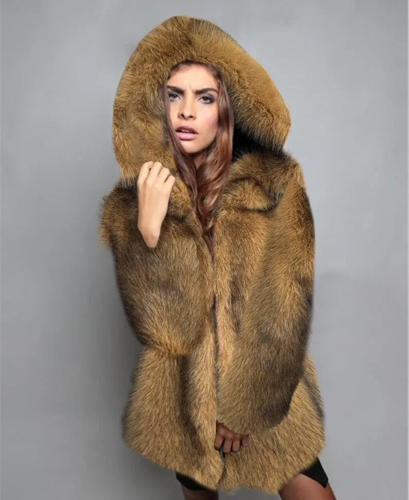 Women's silver grey artificial fur coat with loose fit and 65cm mid-length cut
