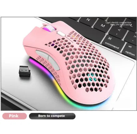 Hollow-out wireless gaming mouse with glowing light, shown in cyan colour on a desk.