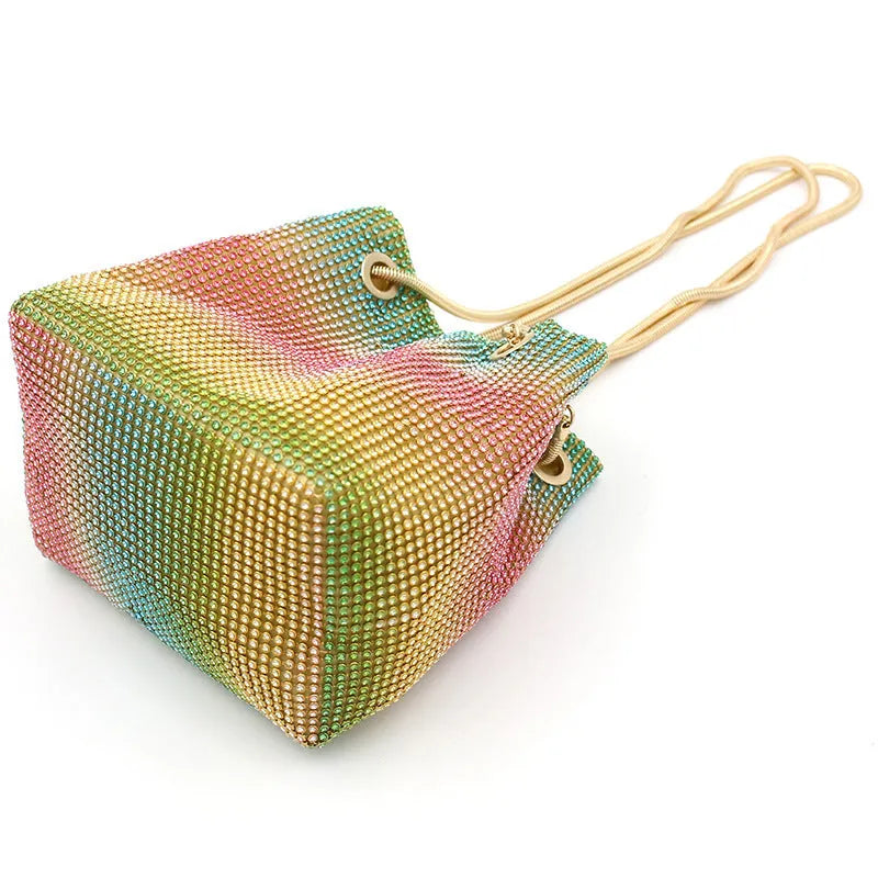 Rainbow rhinestone bucket bag with diamond decoration and soft fabric texture