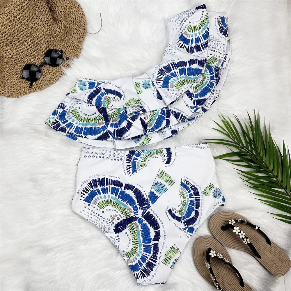 White women's one-shoulder swimsuit with double-layer lotus leaf skirt and high leg split design
