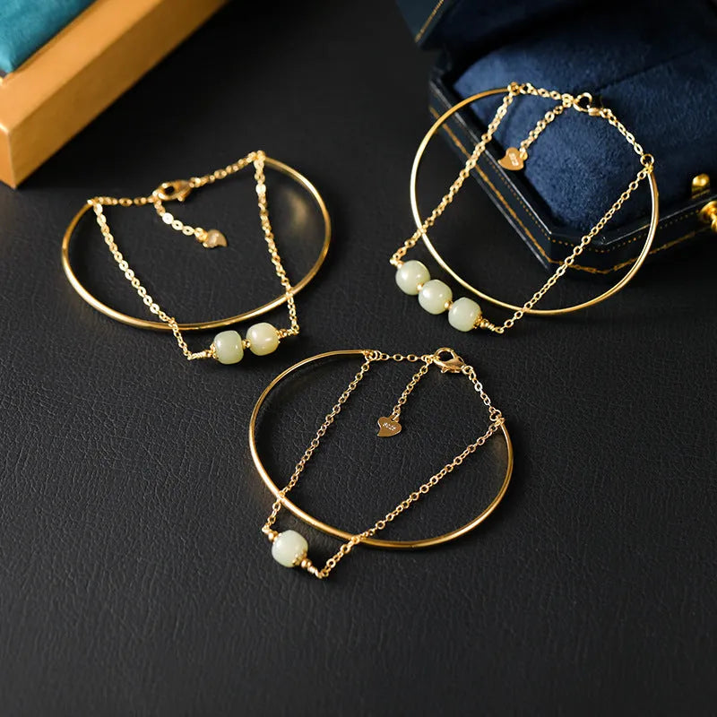 Women's Hetian jade lucky beads bracelet with gold inlay detailing in single, double and three bead versions