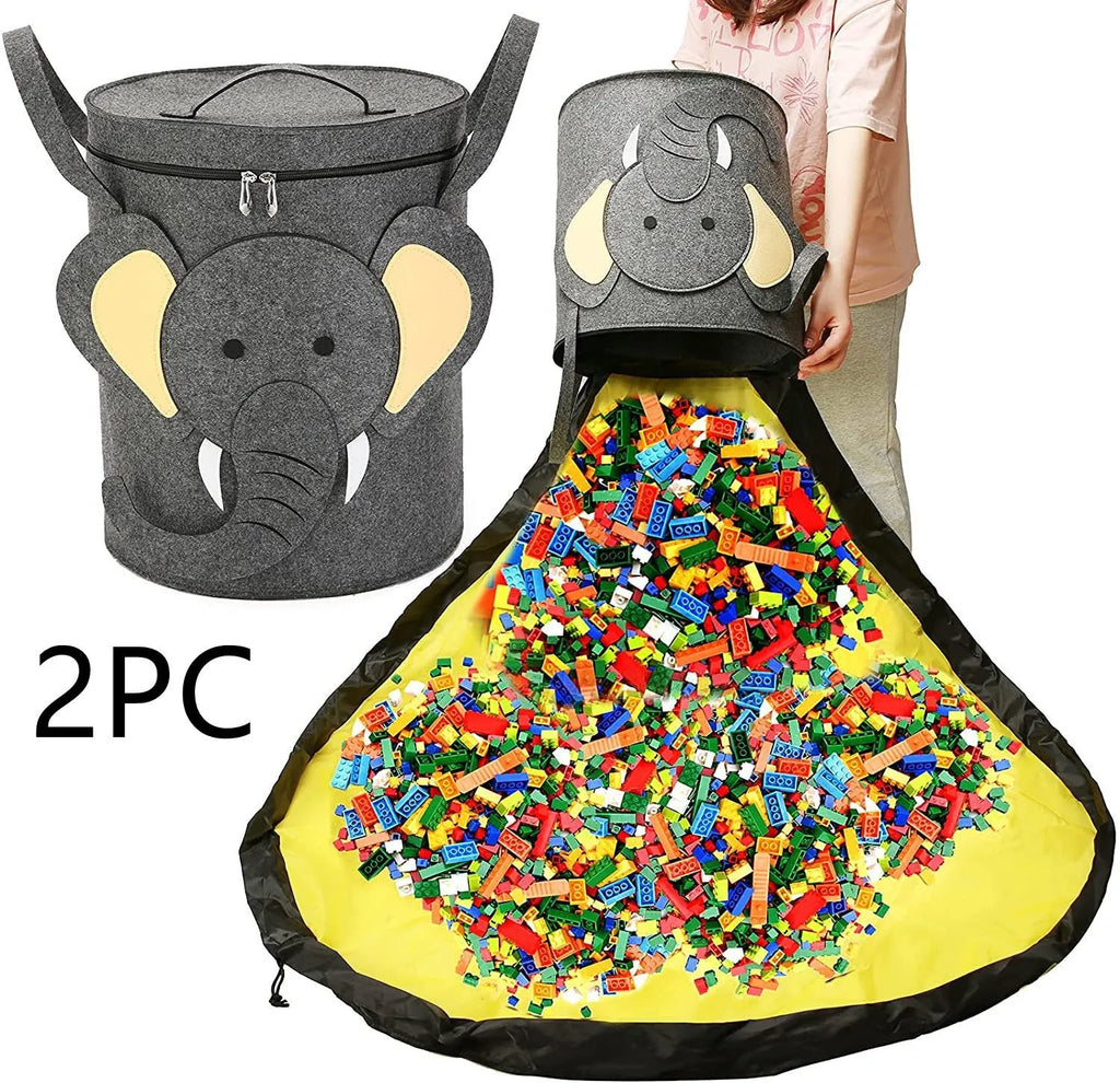 Green felt cube storage bag with pull rope closure, shown open flat as a play mat.