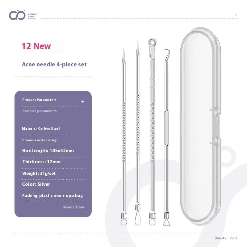 4-piece metal acne needle set with ultra fine pointed tips for precise skin treatment applications