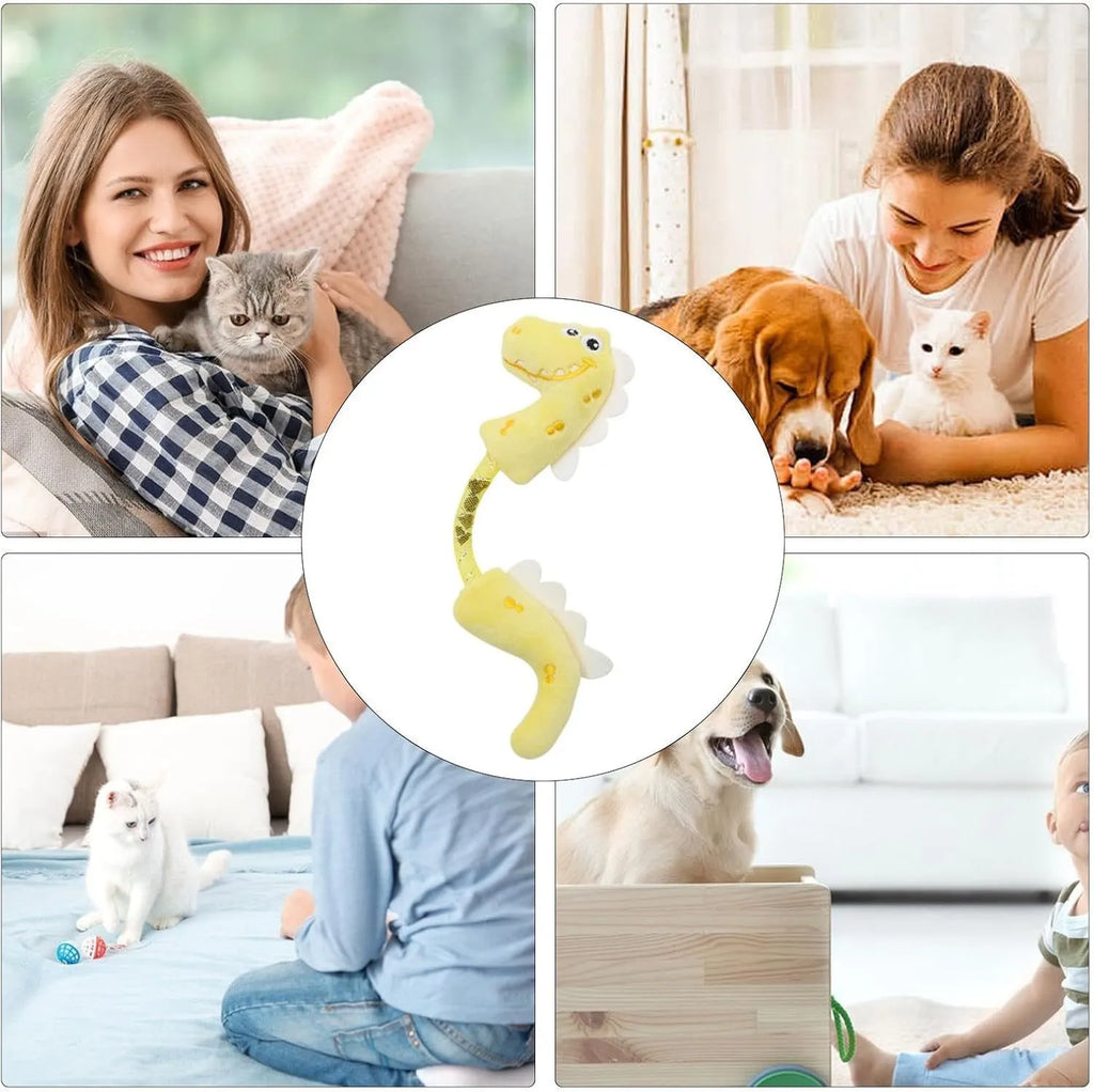 Set of four cat toys including plush chew toys, catnip rope, springs, and kicker toy on floor