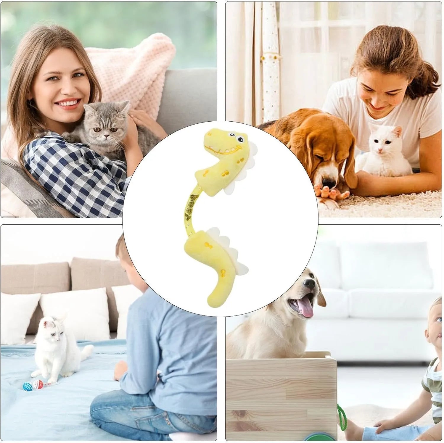 Set of four cat toys including plush chew toys, catnip rope, springs, and kicker toy on floor