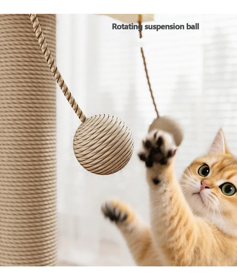 Windmill design cat climbing frame made of pine wood with a hanging ball toy and carpet leather surfaces.