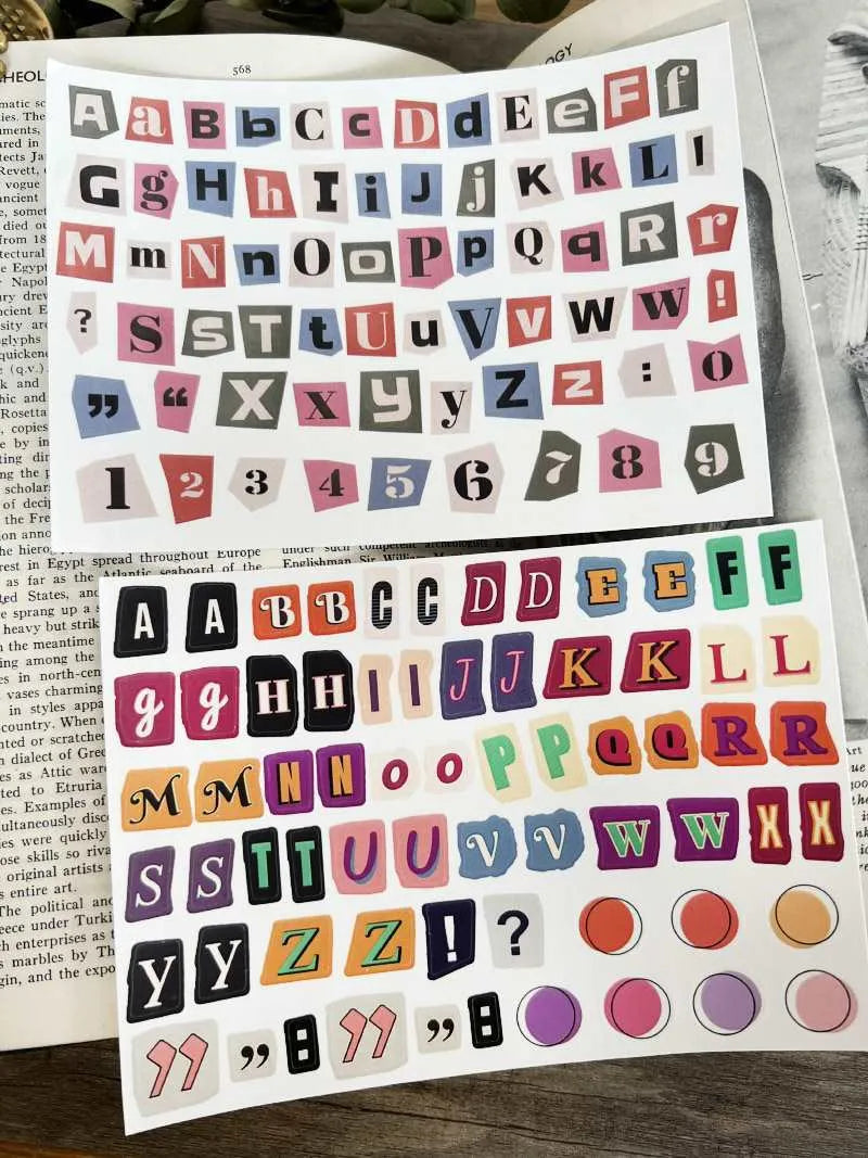 English alphabet and number sticker sheets showing colourful letter sets with cute designs for crafts and labelling