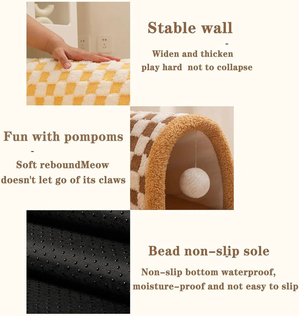 Brown plaid plush cat tunnel bed with a zippered side and central mat, shown on a wooden floor.