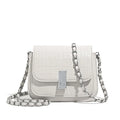 Soft black PU women's square shoulder bag with a chain strap, showing front sandwich pocket detail.