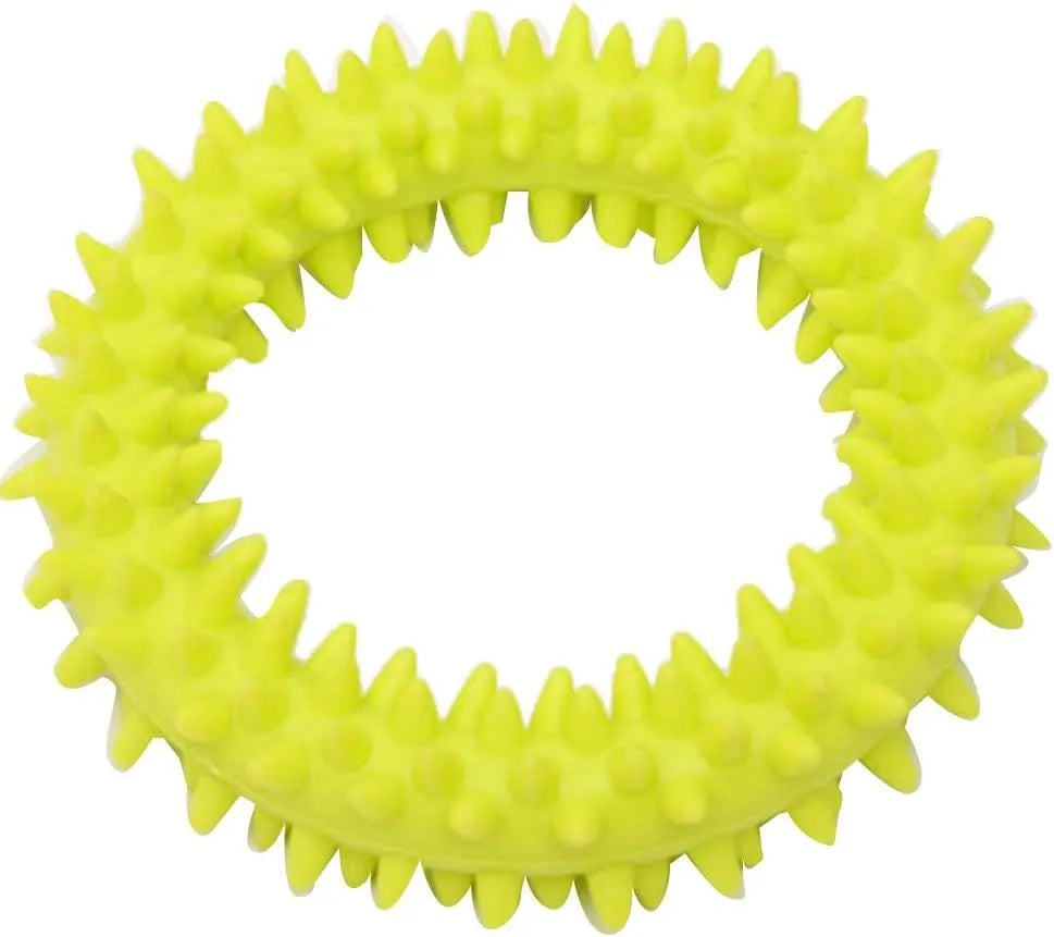 TPR spiky circle ring dog chew toy in various colours showing textured dental cleaning nubs