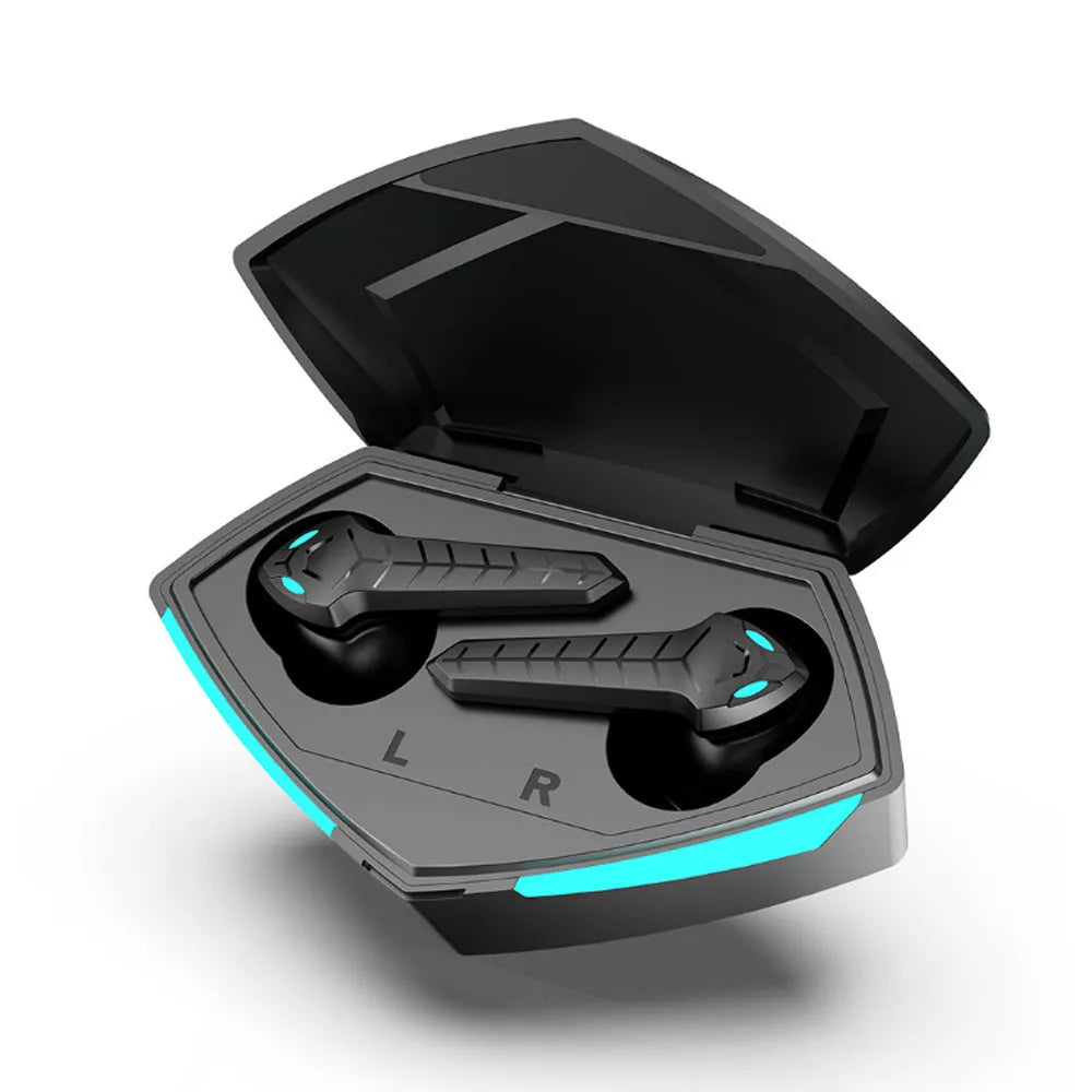 X15 wireless in-ear Bluetooth gaming headphones in black with charging case.
